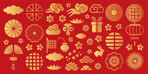 Golden chinese new year symbols on red background