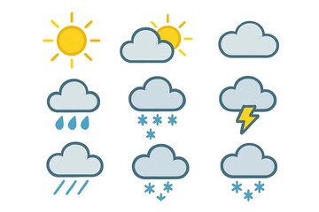 Obraz premium Weather icon set featuring sun, clouds, rain, snow, and lightning