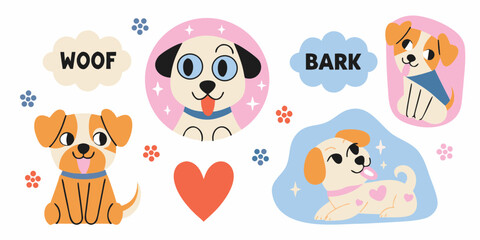 Cute cartoon puppies saying woof and bark with hearts and stars