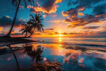 Tropical beach sunset palm trees ocean