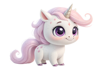 Naklejka premium Adorable cartoon unicorn with pink mane and tail on black background
