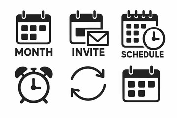 Calendar and scheduling icons set: month, invite, schedule, alarm, synchronize