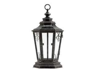 Vintage black metal lantern with ornate scrollwork and textured seeded glass panels.