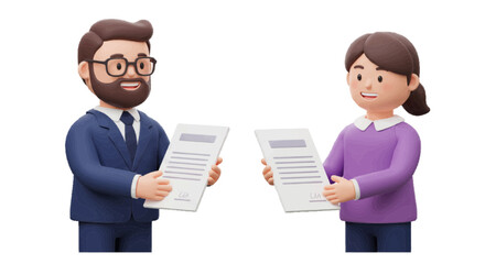 Two 3d business professionals exchanging documents with smiles. 