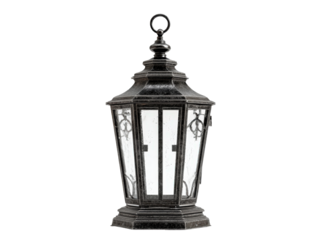 Vintage black metal lantern with ornate scrollwork and textured seeded glass panels.