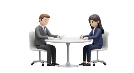 Two business characters sitting at a round table having a meeting, 3d