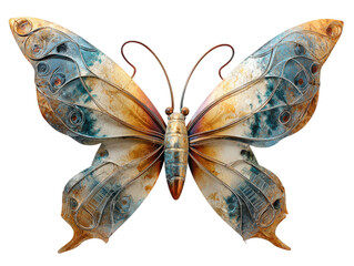Artistic metal butterfly sculpture with weathered blue and orange patina wings.