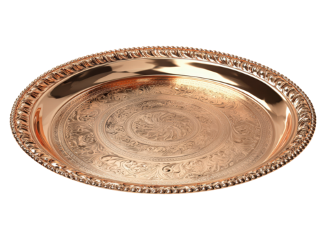 Reflective rose gold colored metal tray with intricate floral and geometric engravings and a decorative beaded rim.