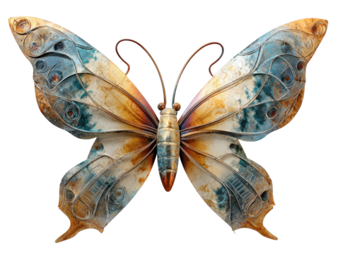 Artistic metal butterfly sculpture with weathered blue and orange patina wings.