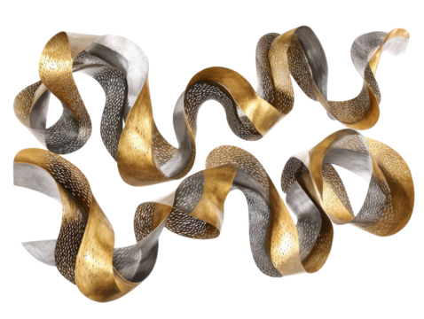 Serpentine abstract wall sculpture with perforated gold and silver metallic ribbons.