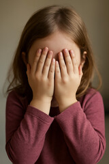Bambina con capelli castani lunghi che si copre il viso con le mani.