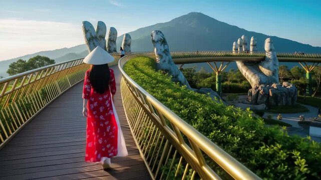 Woman in Traditional Dress Walking on Golden Bridge in Da Nang Vietnam at Sunrise, 4k