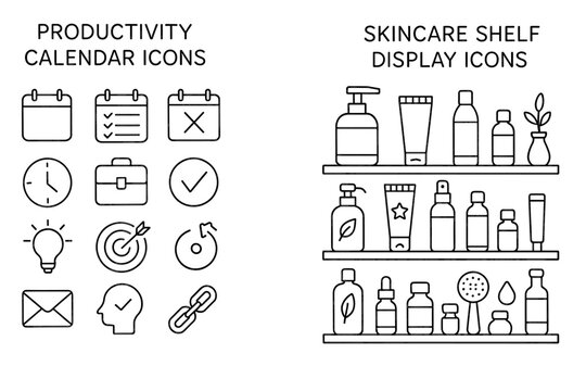 Productivity and skincare shelf display icons in outline style