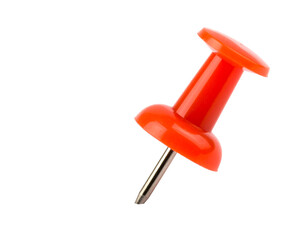 Vibrant Orange Pushpin Standing Upright Isolated Studio Shot on White, transparent background, PNG, Clipping path. Graphic resources. Business concept.