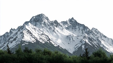 Snow-capped mountain range dominates lush forest in sunlight, for travel, scenic imagery, and adventure