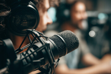 Close-up cinematic shot of two hosts doing a podcast, studio lights creating soft highlights, high-detail microphones and headphones
