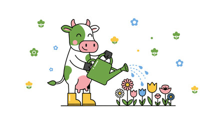 Cute cow watering flowers in garden illustration, depicting simple joy and nurturing nature, suitable for children books