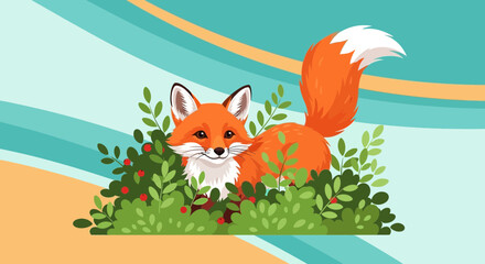 Fototapeta premium Cute Fox In Green Bushes Sitting On Colorful Background Illustration
