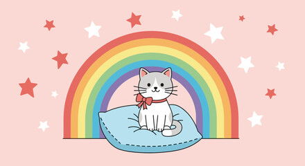 Cute Kitten Sitting On a Pillow Against a Rainbow and Starry Background