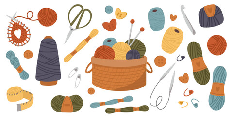 Knitting set. Yarn and threads, skein of wool, knitting needles, yarn basket, scissor. Needlework, tools for sewing and knitting collection. Flat vector illustration isolated © Dilara