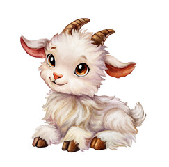 cute watercolor baby goat with big brown eyes, fluffy white fur, and small brown horns, sitting happily with a sweet smile