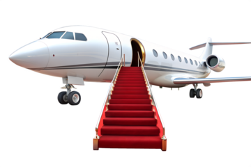 Private jet with red carpet isolated on transparent background for exclusive travel, vip arrival, or business trip