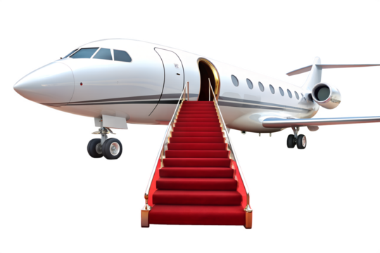Private jet with red carpet isolated on transparent background for exclusive travel, vip arrival, or business trip