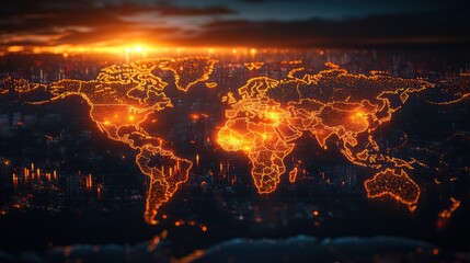Global city map at night, sunrise background, futuristic
