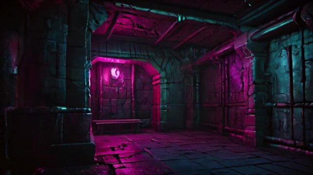 Neon Underground dungeon, fantasy adventure tabletop role play game setting, dark and creepy background created with generative ai