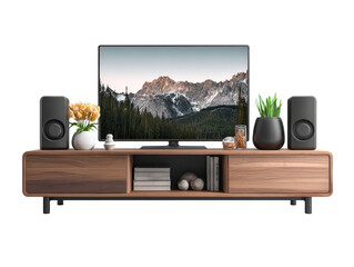 Contemporary walnut TV stand with a flat-screen television black speakers and minimalist decorative elements.