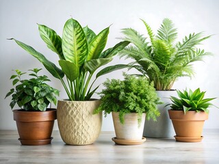 Fototapeta premium Collection of various potted houseplants on a bright surface, creating a vibrant and refreshing indoor garden