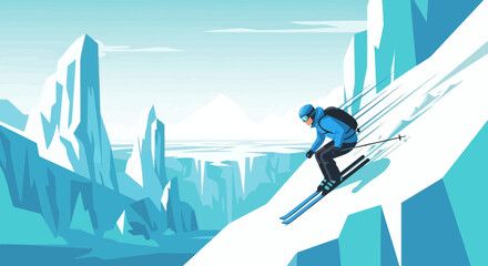 Dramatic Winter Landscape With a Skier Speeding Down the Snowy Slopes