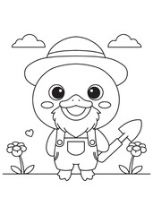 Coloring book duck farmer with shovel