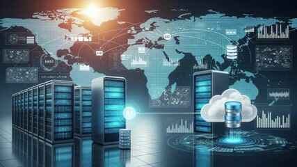 Futuristic data center with cloud storage, AI servers, and global network connections, 4k - Powered by Adobe