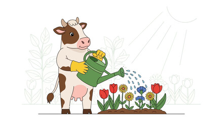 Cow Cartoon Watering Flowers In The Garden Under The Sunny Day