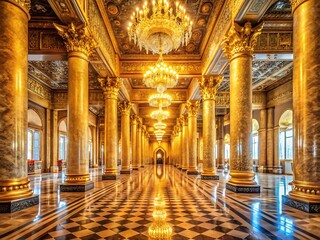 Opulent golden hall with ornate columns and chandeliers creates a luxurious and grand atmosphere