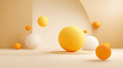 Spheres floating in studio, with arches, soft warm colors, for abstract design, background