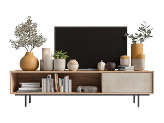 Modern wooden media console with a TV ceramic vases plants and decorative books.