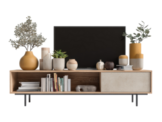 Modern wooden media console with a TV ceramic vases plants and decorative books.