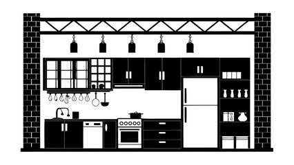 Monochrome kitchen interior featuring cabinets appliances and exposed brickwork creating a modern design silhouette