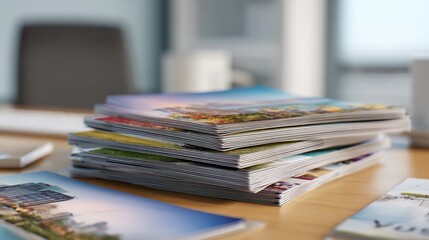 Stack of Colorful Magazines on a Wooden Desk in an Office Setting