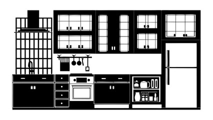 Black and white kitchen interior with cabinets refrigerator and oven in a modern style illustration silhouette