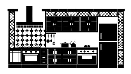 A black and white kitchen scene featuring cabinets oven refrigerator and various kitchen utensils and decor elements silhouette