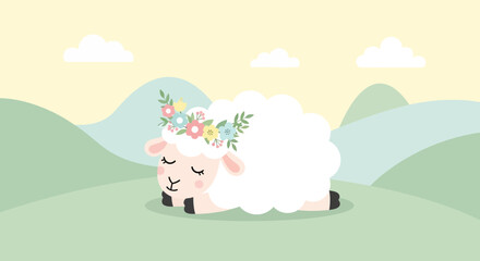 Dreamy Sheep Napping With Floral Crown in Pastoral Landscape Illustration