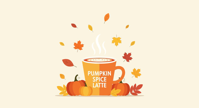 Cozy fall season scene with pumpkin spice latte autumn leaves and pumpkins illustration