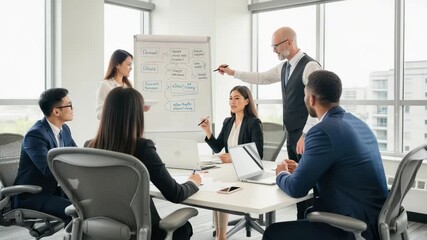 Business team in meeting discussing strategy with presentation on whiteboard in modern office, 4k - Powered by Adobe