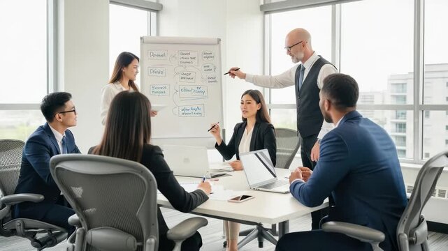 Business team in meeting discussing strategy with presentation on whiteboard in modern office, 4k