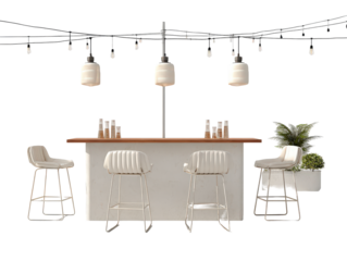 Stylish outdoor bar set with white padded stools a wood-top counter and festive overhead string lights.
