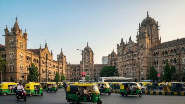 Historic railway station building with busy street traffic and auto rickshaws in Mumbai, India, 4k