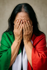 Donna con capelli lunghi neri e mani sul viso con la bandiera italiana sulle spalle.